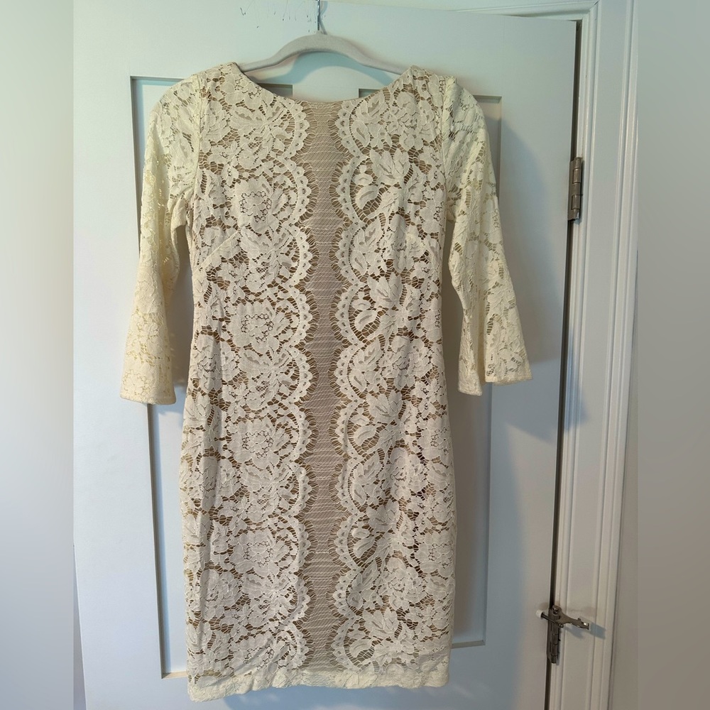 Danny & Nicole size 4 lace off white mini bell sleeve dress bride wedding